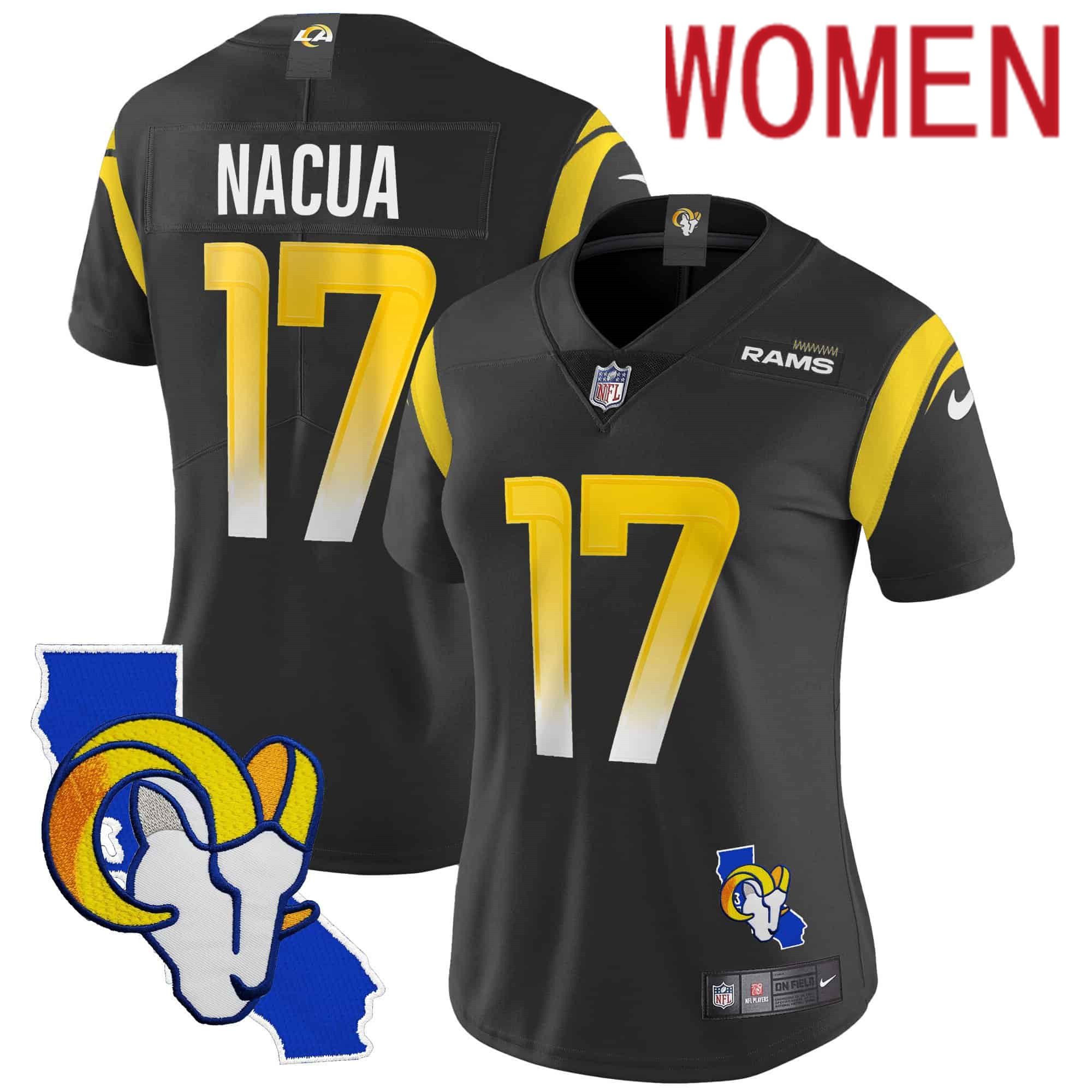 Women Los Angeles Rams #17 Nacua Black 2024 Nike California Patch Vapor Limited NFL Jersey style 1